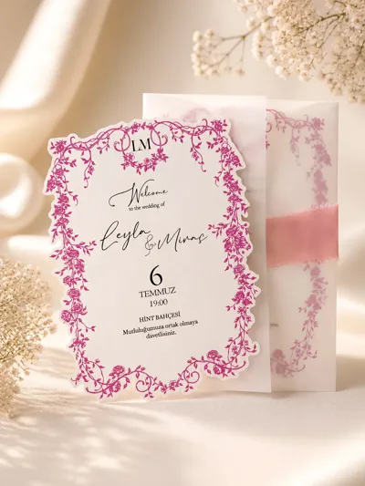  Pembe Çiçekli Düğün Davetiyesi – Kurdele ve Mühürlü, Özel Kesim Romantik Davetiye-30 Adet