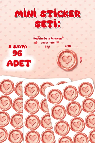 Kalp Mühür Sticker Seti 96 Adet – 4 cm Mini Etiket | Davetiye, Hediye Paketi, Kargo, Mektup Süsü