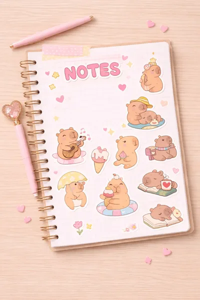  Capybara Mini Sticker Seti 132 Adet–8 Sayfa Sevimli Sticker | Defter Süsleme, Günlük, Çocuk Etkinlik