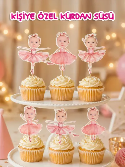 Kişiye Özel Balerin Temalı Cupcake Kürdan Süsü 6 Adet Doğum Günü Baby Shower Parti Dekoru Cupcake Topper