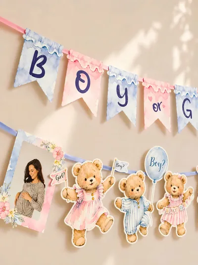 Cinsiyet Partisi(Boy or Girl) Kız Mı Erkek mi Flama Seti – Kişiye Özel Fotoğraflı Ayıcık Temalı Banner