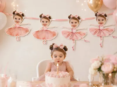 Kişiye Özel Balerin Temalı Flama Banner (6 Figürlü) – Doğum Günü & Baby Shower Parti Süsü