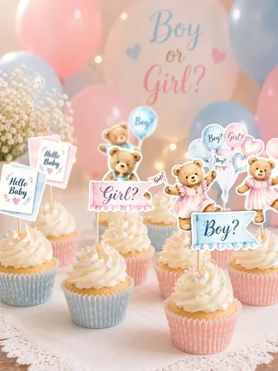 Cinsiyet Partisi Cupcake Süsü 12’li – Boy or Girl Ayıcık Temalı Kürdanlı Cupcake Topper Seti