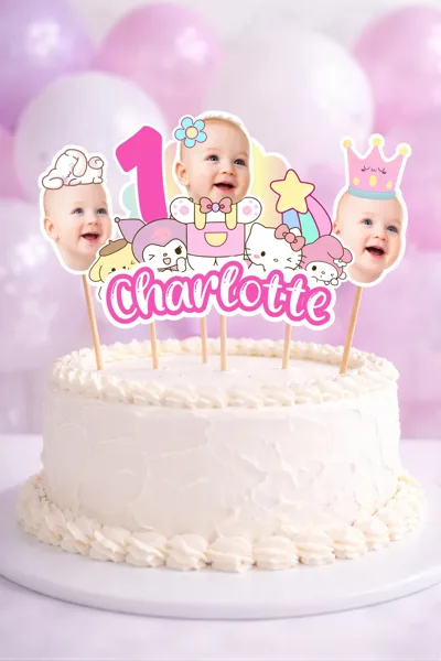  Kişiye Özel Sanrio Temalı Pasta Üstü Fotoğraflı + İsimli Parti Süsüi 3'lü– Doğum Günü Çöp Şişli Parti Süsü