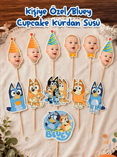 Kişiye Özel Bluey Cupcake Kürdan Süsü (12’li Set) – Fotoğraflı Doğum Günü Cupcake Topper