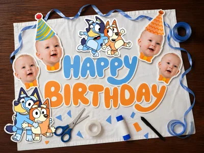 Bluey Temalı Kişiye Özel Fotoğraflı Happy Birthday Flama Banner – Doğum Günü Süsleme Seti
