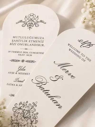 Yelpaze Model Kişiye Özel Düğün & Nişan Davetiyesi – Kurdele Detaylı Şık Tasarım